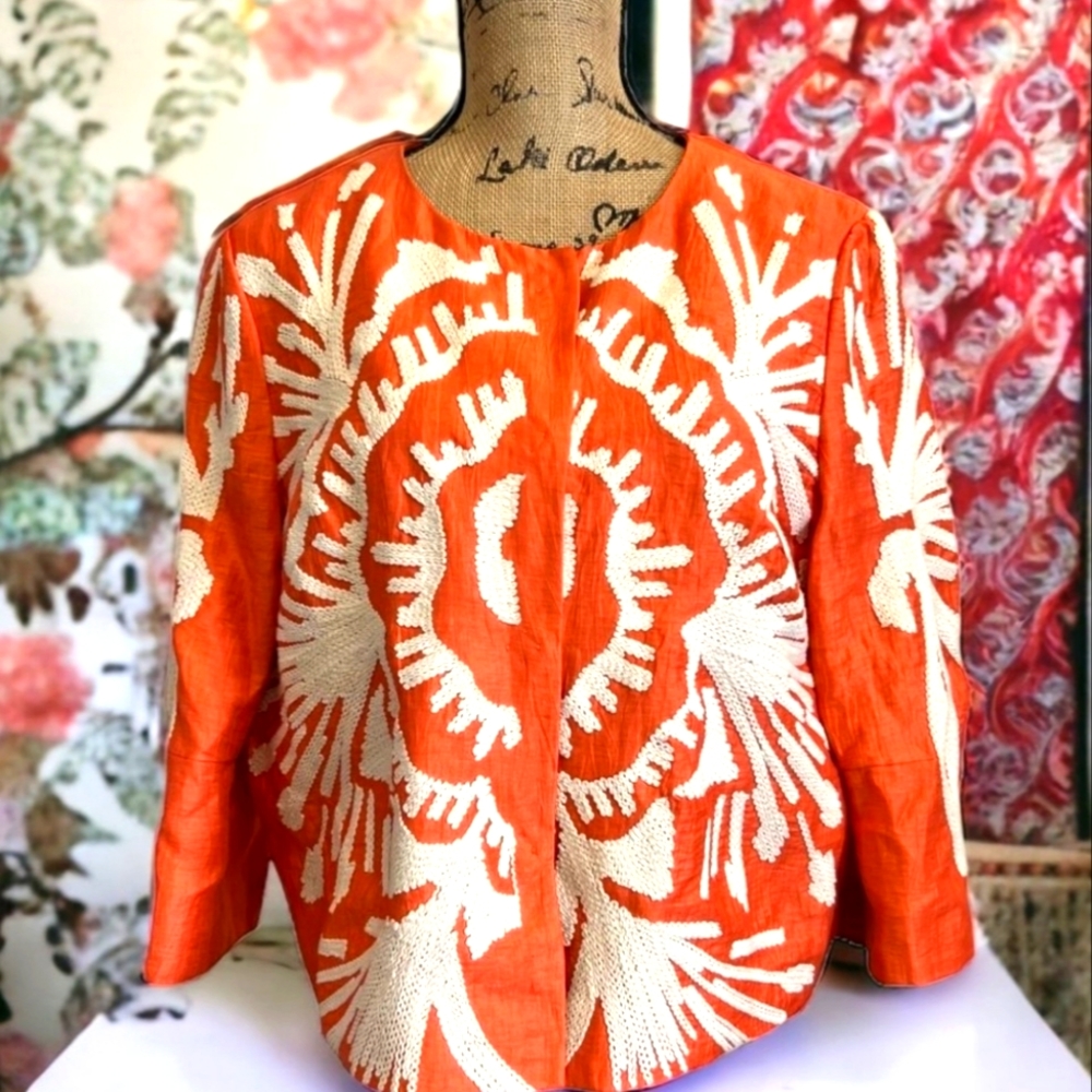 Per Se Orange Linen Silk Lined Embroidered Jacket Size 14 - N844